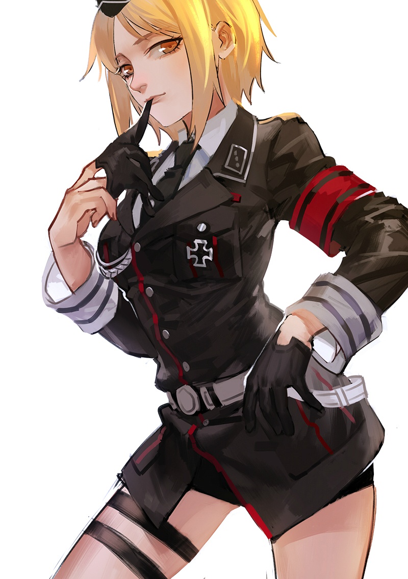 1girl aiguillette armband bangs belt_over_clothes black_blazer black_gloves black_hat black_neckwear blazer blonde_hair breasts brooch buttons character_request chongning closed_mouth collared_shirt commentary contrapposto cowboy_shot eyebrows_visible_through_hair eyelashes from_side girls_frontline glove_in_mouth gloves half_gloves hand_up hat iron_cross jacket jewelry leaning_forward lips long_sleeves looking_at_viewer looking_to_the_side medium_breasts military military_hat military_uniform mouth_hold necktie orange_eyes parted_bangs removing_glove shirt short_hair simple_background sleeve_cuffs solo standing thigh_strap uniform white_background white_belt white_shirt wing_collar