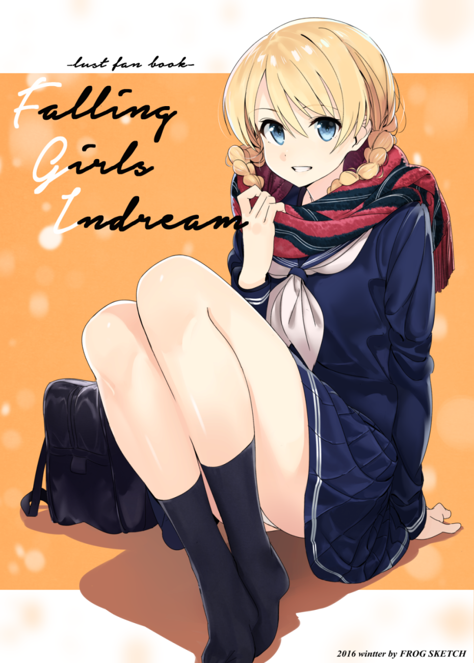 1girl alternate_costume alternate_hairstyle bag bangs black_blouse black_legwear black_skirt blonde_hair blouse blue_eyes blue_skirt braid breath circle_name commentary_request cover cover_page darjeeling dated doujin_cover english eyebrows_visible_through_hair full_body girls_und_panzer hair_down highres kerorira legs long_sleeves looking_at_viewer miniskirt neckerchief no_shoes outside_border panties pantyshot pantyshot_(sitting) parted_lips pleated_skirt red_scarf scarf school_bag school_uniform serafuku shadow short_hair sitting skirt smile socks solo striped striped_skirt twin_braids underwear white_neckwear white_panties