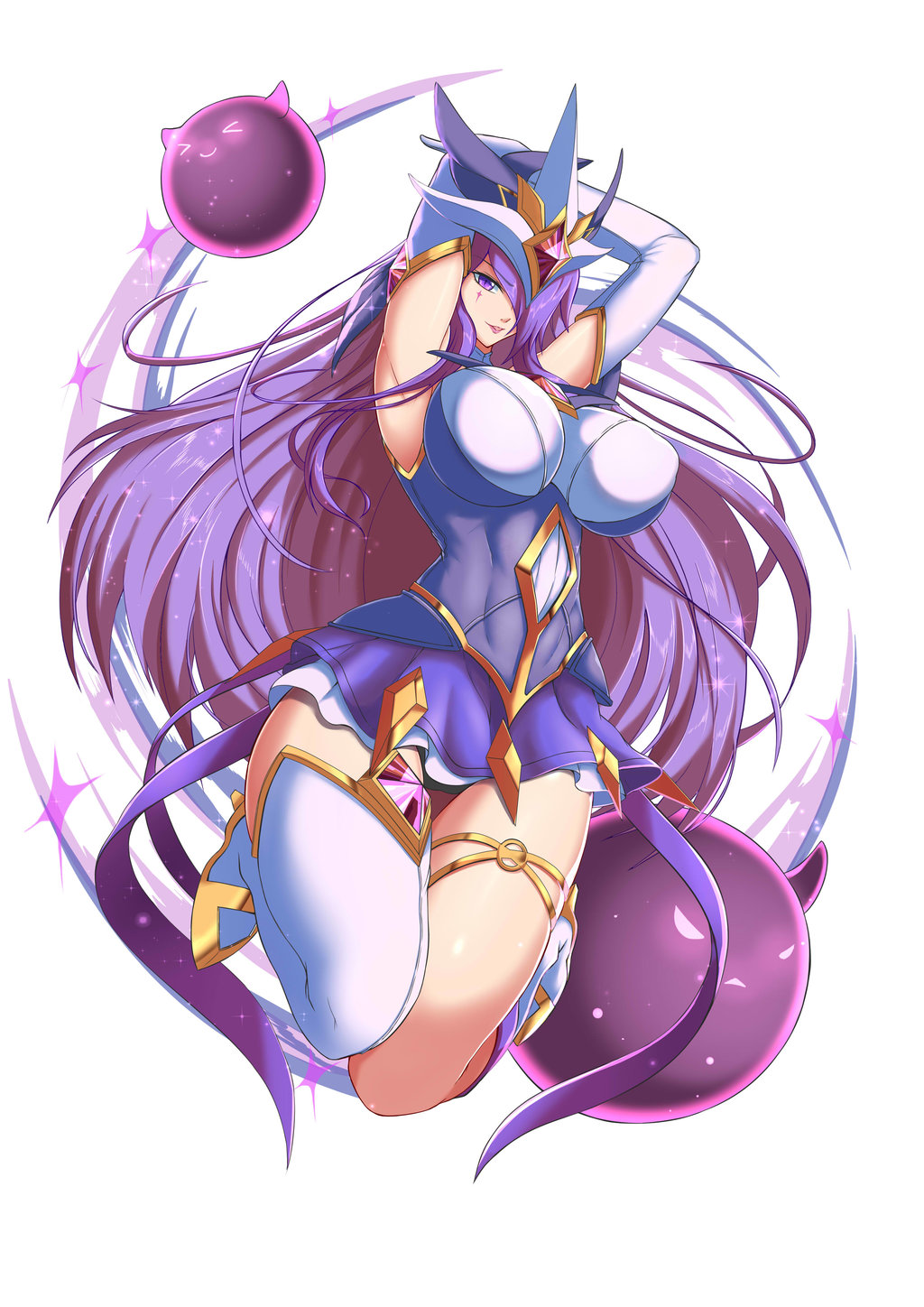 1girl armpits arms_behind_head arms_up asymmetrical_clothes breasts curvy familiar full_body hair_over_one_eye highres huge_breasts league_of_legends long_hair magical_girl parted_lips purple_hair smile solo star_guardian_syndra syndra tagme thigh_gap torahime_(roland00) very_long_hair violet_eyes white_background wide_hips