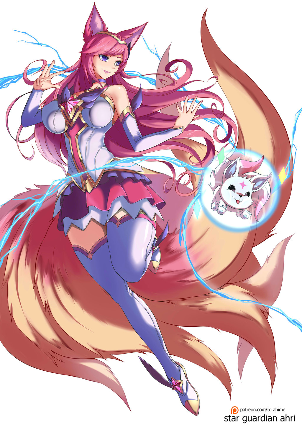 1girl ahri animal_ears breasts familiar fox_ears fox_tail highres large_breasts league_of_legends magical_girl multiple_tails pink_hair star_guardian_ahri tagme tail thigh-highs torahime_(roland00) violet_eyes white_background zettai_ryouiki