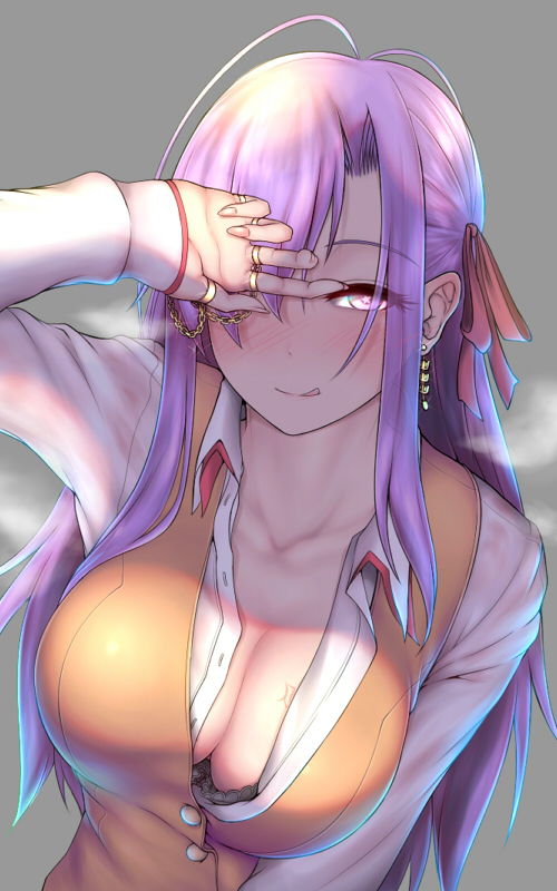 1girl :q antenna_hair arm_up black_bra blush bra bra_peek breasts brown_vest chains cleavage closed_mouth collarbone eyebrows_visible_through_hair fate/grand_order fate_(series) fingernails gold_chain grey_background hair_over_one_eye hair_ribbon half-closed_eye jewelry large_breasts long_hair long_sleeves looking_at_viewer matou_sakura nikuku_(kazedesune) open_clothes open_shirt parvati_(fate/grand_order) purple_hair red_ribbon ribbon ring school_uniform shirt sidelocks simple_background sleeves_past_wrists smile solo star star-shaped_pupils symbol-shaped_pupils tongue tongue_out unbuttoned unbuttoned_shirt underwear upper_body vest violet_eyes white_shirt