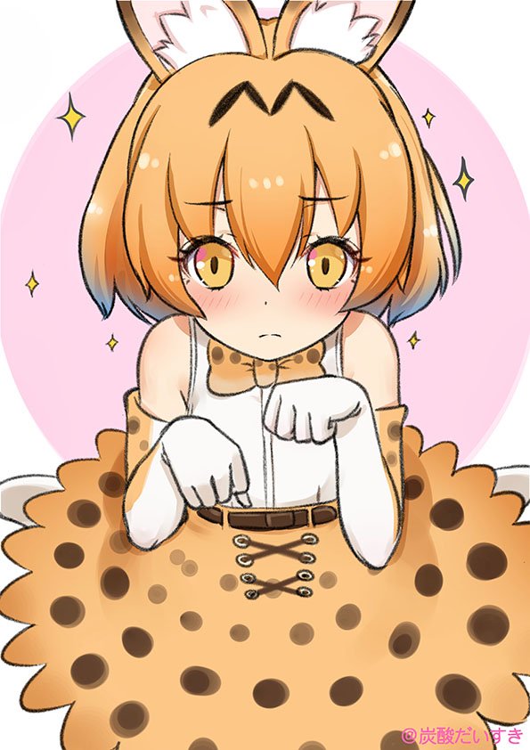 1girl animal_ears artist_name blush brown_eyes closed_mouth elbow_gloves eyebrows_visible_through_hair gloves kemono_friends looking_at_viewer multicolored multicolored_clothes multicolored_gloves orange_gloves orange_neckwear orange_skirt serval_(kemono_friends) serval_ears short_hair skirt solo sparkle tansan_daisuki white_gloves