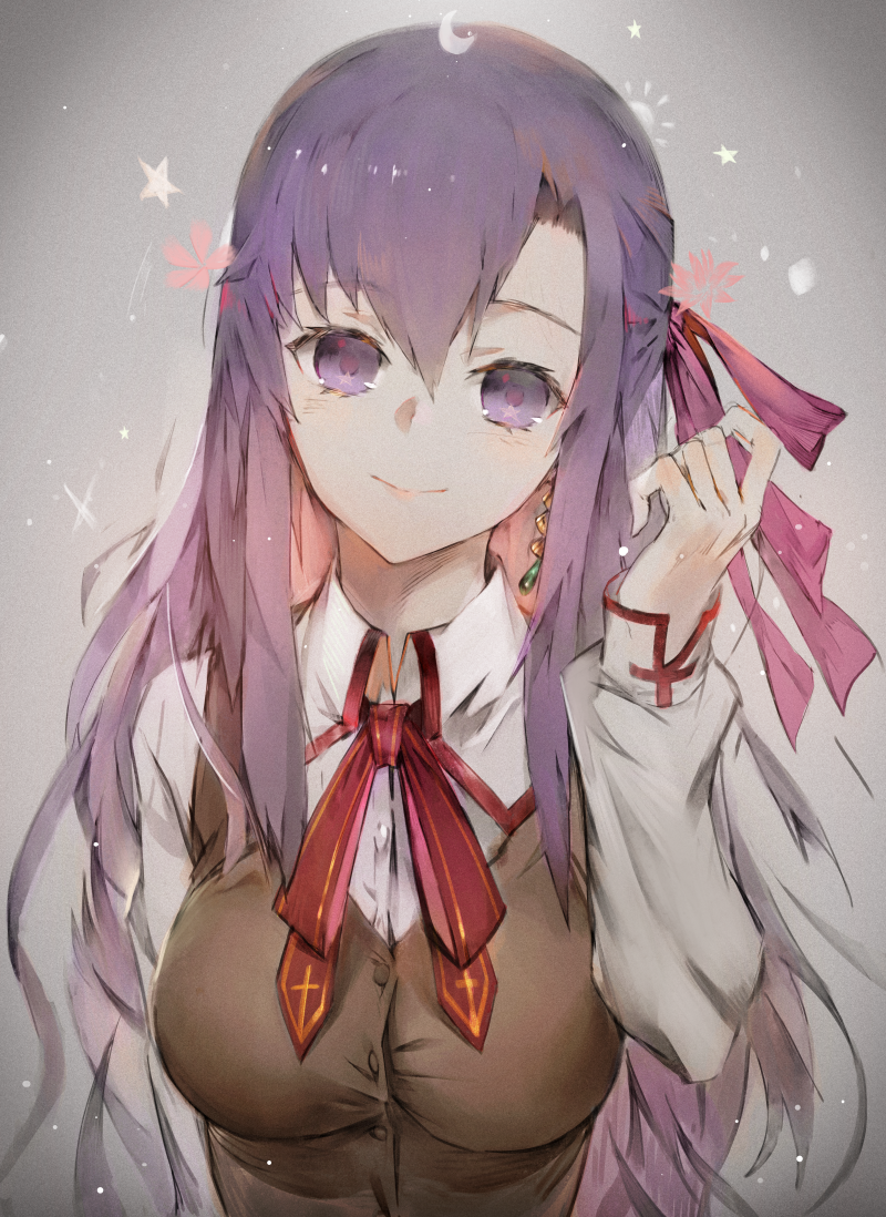 1girl bangs blouse blush closed_mouth eyebrows_visible_through_hair fate/stay_night fate_(series) hand_up head_tilt hong long_hair looking_at_viewer matou_sakura parted_bangs purple_hair sidelocks smile solo upper_body vest violet_eyes white_blouse