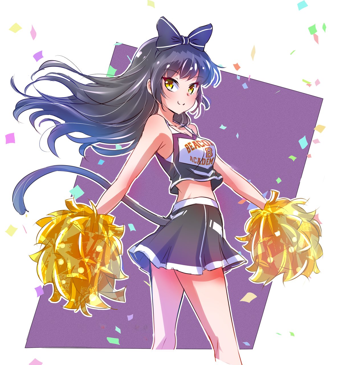 1girl black_hair blake_belladonna bow cat_tail cheerleader commentary english glitter hair_bow highres iesupa pom_poms rwby smile tail yellow_eyes