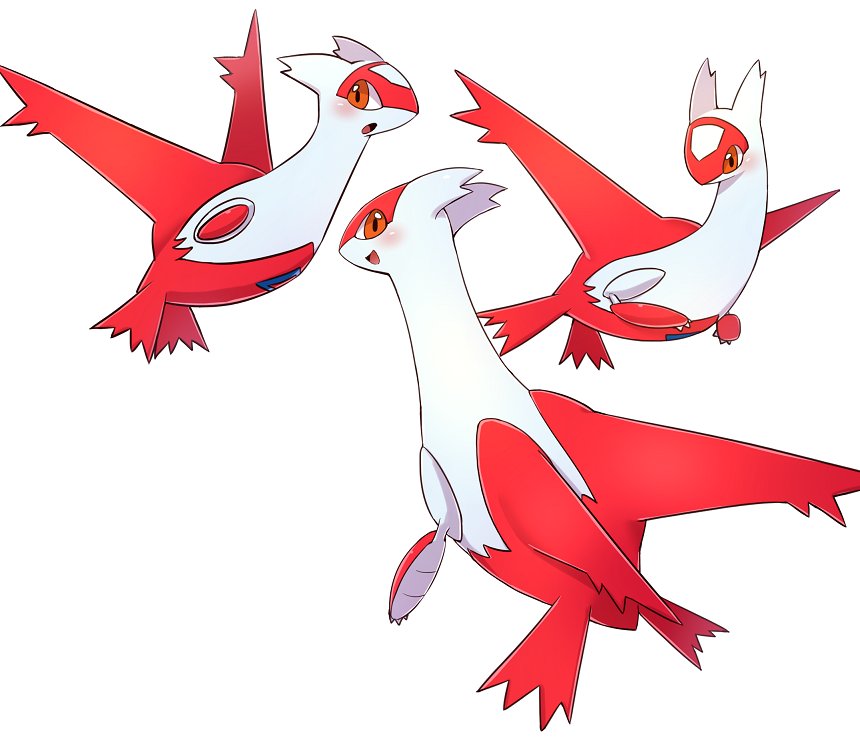 1girl :d blush commentary flying_sweatdrops full_body jpeg_artifacts kamaboko_(mato225) latias looking_at_viewer looking_away looking_back multiple_views no_humans open_mouth orange_eyes parted_lips pokemon pokemon_(creature) pokemon_rse simple_background smile solo white_background wings