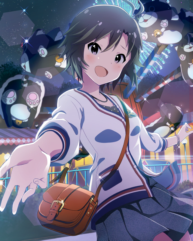 1girl amusement_park antenna_hair artist_request bag bangs black_eyes black_hair blush bracelet ferris_wheel idolmaster idolmaster_million_live! idolmaster_million_live!_theater_days jewelry kikuchi_makoto looking_at_viewer necklace night night_sky official_art open_mouth outstretched_hand raised_eyebrows short_hair skirt sky smile solo