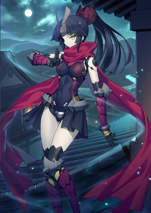 1girl architecture armor black_bodysuit black_hair bodysuit breasts east_asian_architecture fate/grand_order fate_(series) hair_ribbon headpiece kato_danzo_(fate/grand_order) medium_breasts navel official_art ponytail red_ribbon red_scarf ribbon robot_joints rooftop scarf solo yangsion yellow_eyes