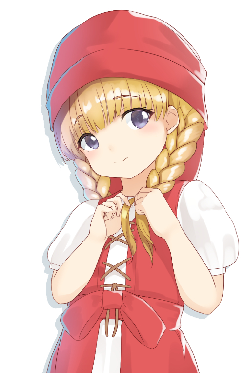 1girl bangs blonde_hair blue_eyes blunt_bangs blush bow braid braiding_hair closed_mouth dragon_quest_xi enatsu eyebrows_visible_through_hair hairdressing head_tilt hood_up long_hair looking_at_viewer puffy_short_sleeves puffy_sleeves red_bow shirt short_sleeves simple_background smile solo tareme twin_braids upper_body veronica_(dq11) white_background white_shirt