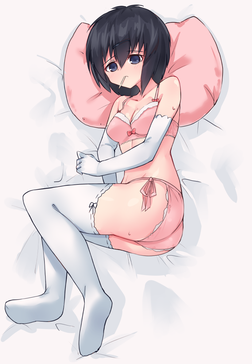 ass bangs blush bow bow_bra bra breasts cleavage debutya_aki elbow_gloves eyebrows_visible_through_hair frown full_body gloves lace lace-trimmed_bra lace-trimmed_panties lying medium_breasts mouth_hold nagami_tomoko on_bed on_side panties pink_bra pink_panties pink_pillow ribbon-trimmed_legwear ribbon_trim saki shinohayu_the_dawn_of_age short_hair side-tie_panties sweat thigh-highs toothpick underwear underwear_only white_gloves white_legwear