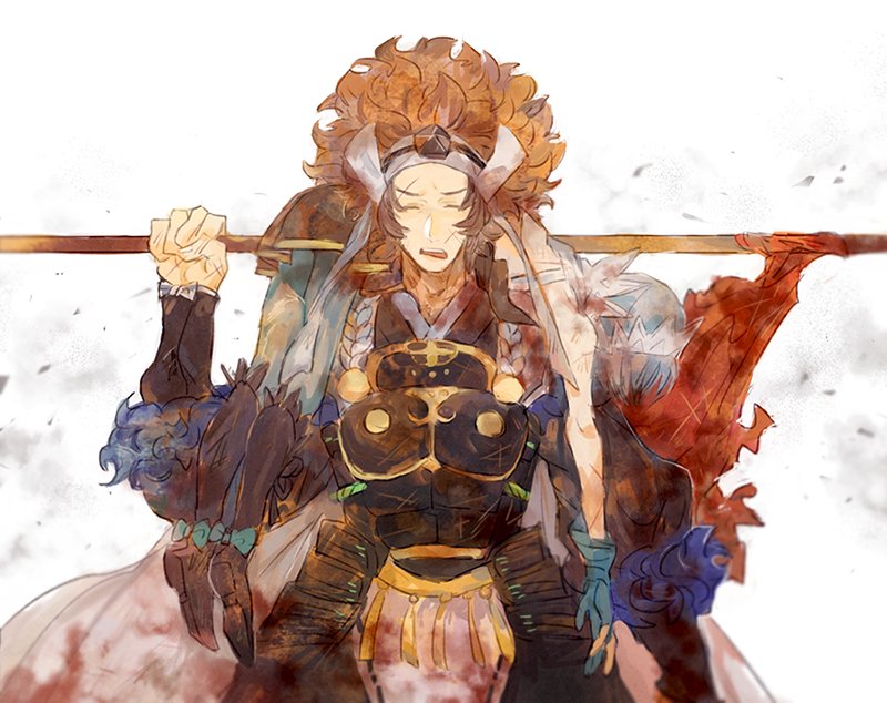 1boy armor asama_(fire_emblem_if) blood blood_on_face bloody_clothes bloody_weapon blue_hair fire_emblem fire_emblem_if holding holding_weapon looking_at_viewer setsuna_(fire_emblem_if) shourou_kanna simple_background solo wavy_hair weapon white_background