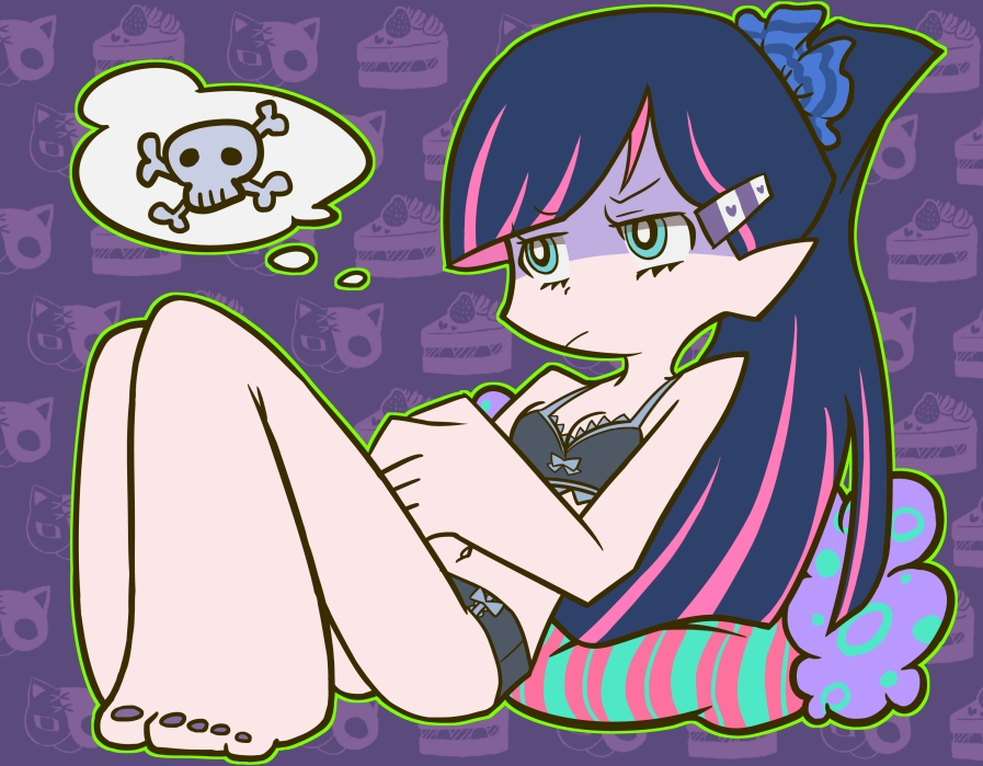 &gt;:/ :/ bra breasts green_eyes grumpy hair_ornament hairclip legs lingerie lounging panties panty_&amp;_stocking_with_garterbelt patterned_background pillow pink_hair ponytail purple_hair skull_and_crossbones stocking_(psg) thought_bubble underwear