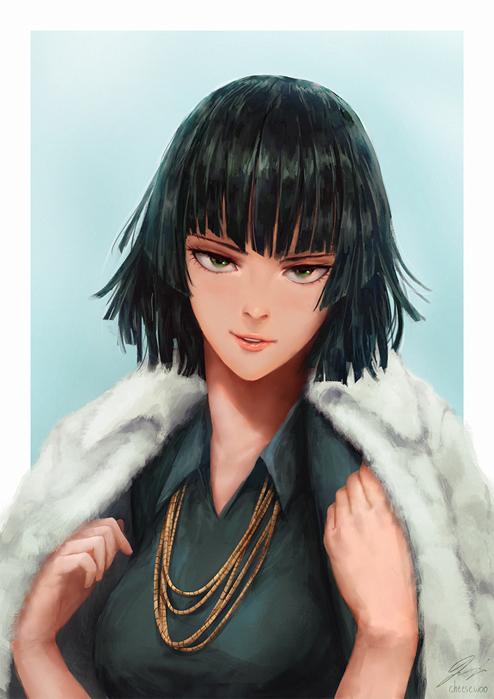 1girl artist_name bangs black_hair blunt_bangs breasts coat collarbone collared_dress dress eyelashes fubuki_(one-punch_man) fur-trimmed_coat fur_coat fur_trim green_dress green_eyes half-closed_eyes hand_up hands_up isaac_liew jacket_on_shoulders jewelry lips long_sleeves looking_at_viewer medium_breasts necklace nose one-punch_man open_clothes open_coat parted_lips pink_lips short_hair signature smile solo upper_body upper_teeth wing_collar winter_clothes