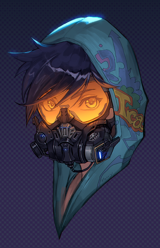 1girl alternate_costume artist_name blue_hair face gas_mask goggles graffiti_tracer hood hoodie looking_at_viewer na_in-sung overwatch solo tracer_(overwatch)