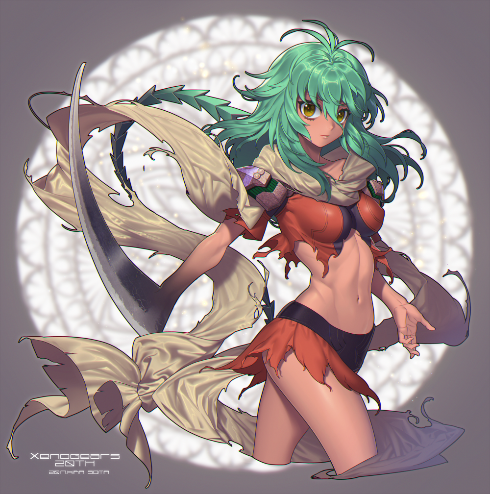 1girl antenna_hair armlet bangs blurry blurry_background breasts brown_scarf closed_mouth collarbone commentary_request copyright_name cropped_legs dark_skin emerada_(xenogears) erect_nipples eyebrows_visible_through_hair green_hair grey_background hair_between_eyes long_hair looking_at_viewer looking_to_the_side medium_breasts midriff navel outstretched_arm outstretched_hand red_shirt red_skirt scarf scythe shiny shiny_hair shirt short_sleeves skirt solo souma_kira standing stomach torn_clothes torn_shirt torn_skirt weapon xenogears yellow_eyes