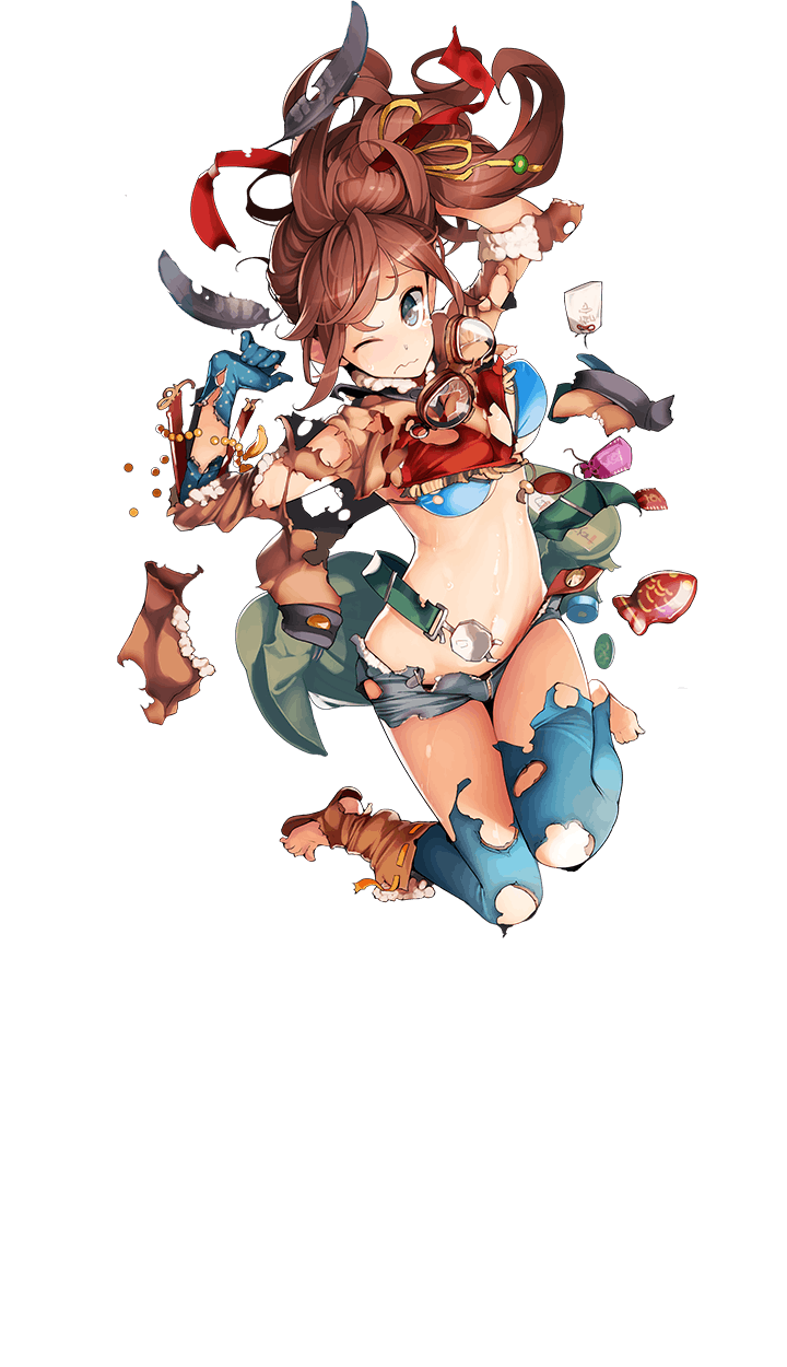 1girl ;( ataruman bag blue_eyes boots brown_hair cowboy_boots duffel_bag feathers formation_girls full_body gloves goggles highres kobayakawa_karin long_hair looking_at_viewer midriff navel official_art omamori short_shorts shorts side_ponytail single_boot smile solo torn_clothes transparent_background wavy_mouth