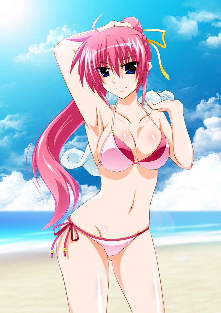 1girl beach bikini blue_eyes blue_sky clouds cowboy_shot engo_(aquawatery) hair_ornament hair_ribbon looking_at_viewer lyrical_nanoha mahou_shoujo_lyrical_nanoha_strikers medium outdoors pink_bikini pink_hair ponytail ribbon side-tie_bikini signum sky solo swimsuit x_hair_ornament yellow_ribbon