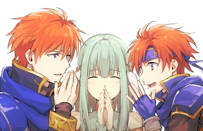 1girl 2boys armor blue_eyes blue_hair cape closed_eyes eliwood_(fire_emblem) fire_emblem fire_emblem:_fuuin_no_tsurugi fire_emblem:_rekka_no_ken fire_emblem_heroes headband long_hair mother_and_son multiple_boys ninian redhead roy_(fire_emblem) short_hair smile