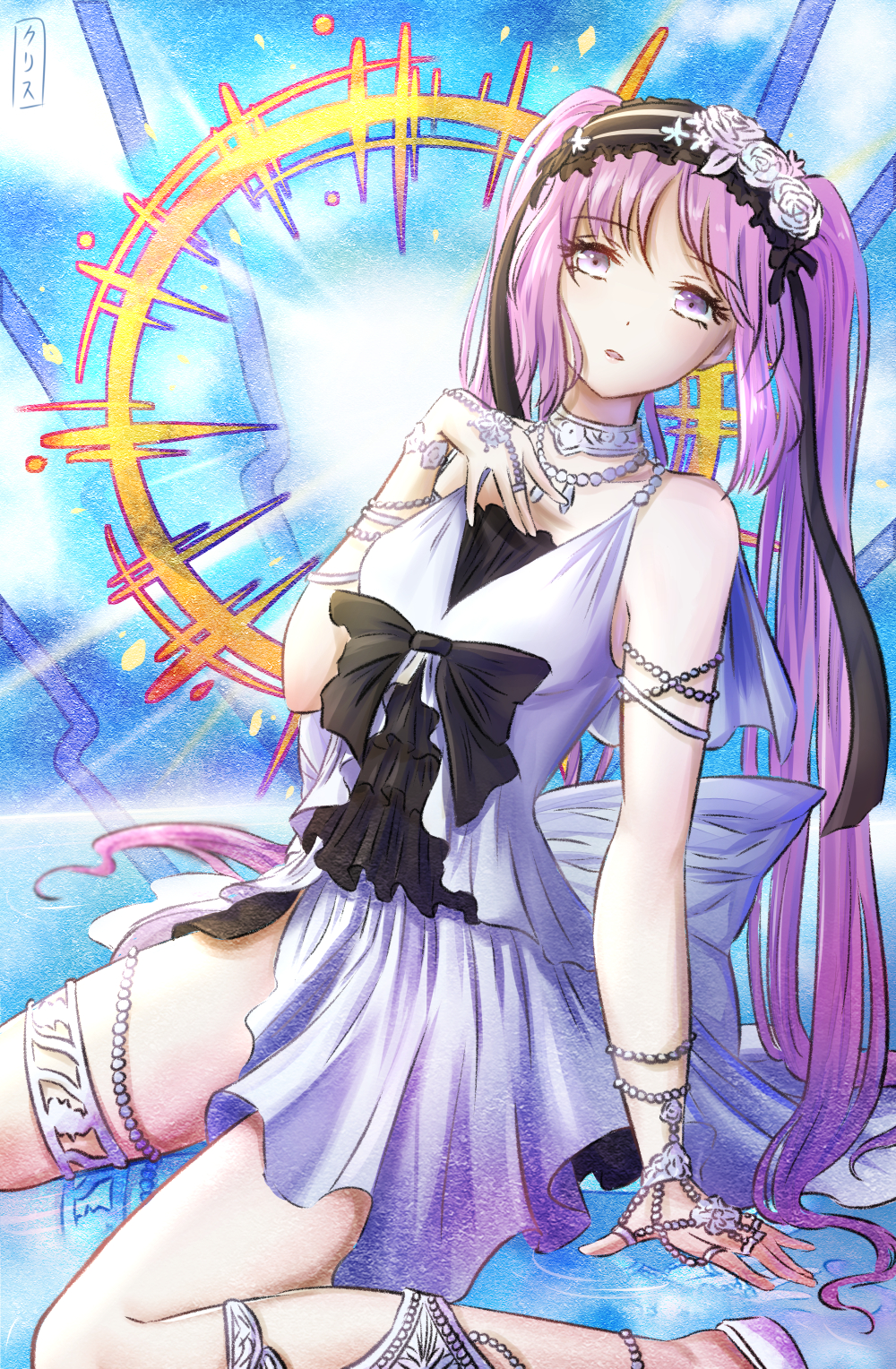 1girl bare_shoulders black_bow black_ribbon blue_background bow commentary dress euryale fate/grand_order fate/hollow_ataraxia fate_(series) hairband highres jewelry kurisustinah light lolita_hairband long_hair looking_at_viewer necklace open_mouth purple_hair ribbon sitting twintails violet_eyes white_dress white_flower white_footwear