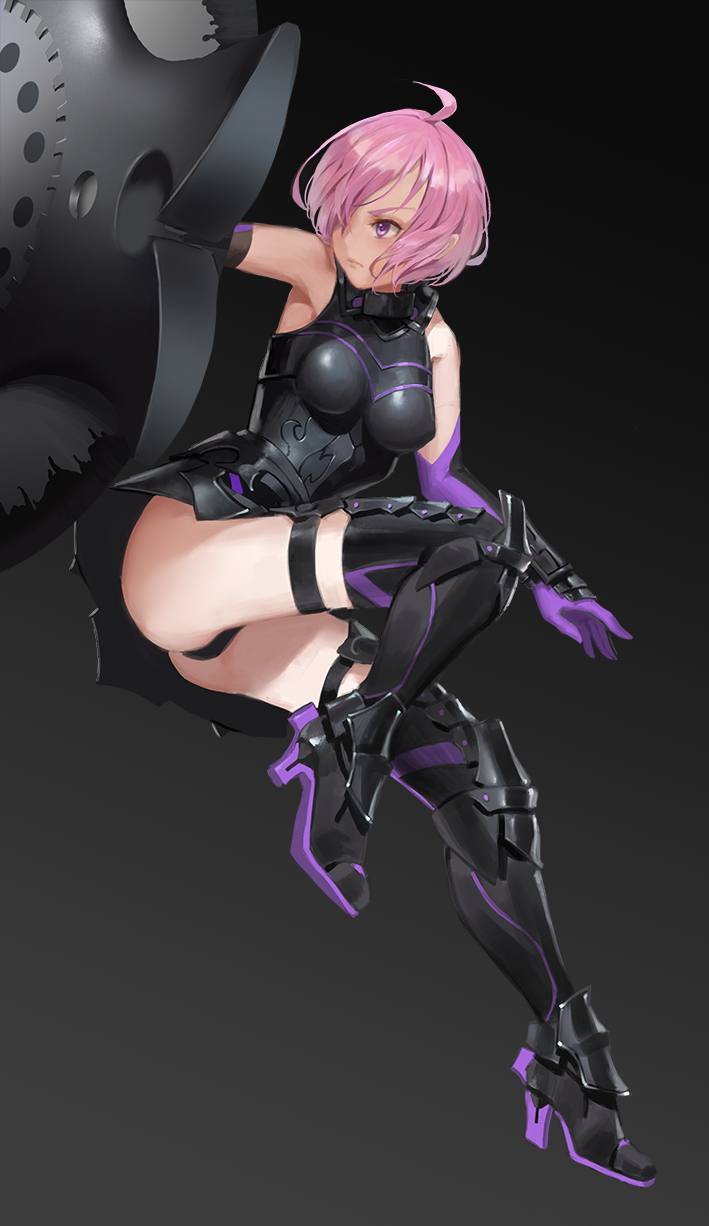 1girl ahoge arm_at_side armor armored_boots ass bangs bent_knees black_background black_footwear black_legwear black_leotard black_skirt boots breasts closed_mouth elbow_gloves fate_(series) from_below gloves hair_over_one_eye highres holding_shield leg_lift leotard looking_to_the_side panties pantyshot pink_eyes pink_hair purple_gloves shield shielder_(fate/grand_order) short_hair skirt sleeveless solo thigh-highs timmy_(tztime) underwear vambraces