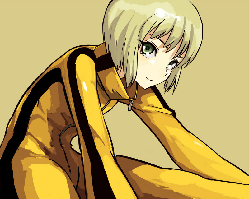 1girl blonde_hair bruce_lee's_jumpsuit full-length_zipper fushoku green_eyes huang_baoling looking_at_viewer short_hair sitting smile solo stretch tiger_&amp;_bunny yellow_background zipper