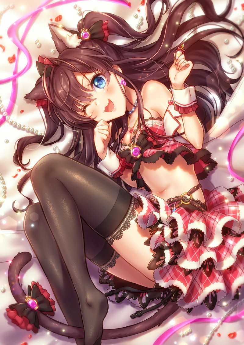 1girl :3 ;3 ;d ahoge animal_ears bare_shoulders black_legwear blue_eyes blush bow breasts brown_hair cat_ears cat_tail cleavage earrings hair_bow ichinose_shiki idolmaster idolmaster_cinderella_girls jewelry kemonomimi_mode lace lace-trimmed_thighhighs long_hair looking_at_viewer lying medium_breasts midriff mika_(1020mk) navel necklace no_shoes on_side one_eye_closed open_mouth paw_pose pearl_necklace petals ribbon skirt smile solo tail thigh-highs two_side_up wavy_hair wrist_cuffs