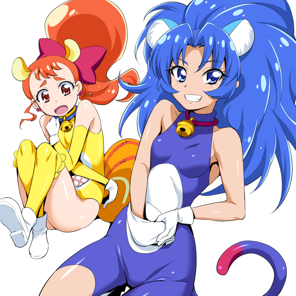 2girls animal_ears arisugawa_himari bell blue_bodysuit blue_eyes blue_hair bodysuit bow brown_eyes cat_ears cat_tail clenched_teeth cure_custard cure_gelato gloves hair_bow kirakira_precure_a_la_mode lion_ears lion_tail long_hair looking_at_viewer multiple_girls nakahira_guy open_mouth orange_hair pink_bow ponytail precure simple_background smile squirrel_ears squirrel_tail tail tategami_aoi teeth thigh-highs white_background white_gloves yellow_bodysuit yellow_legwear