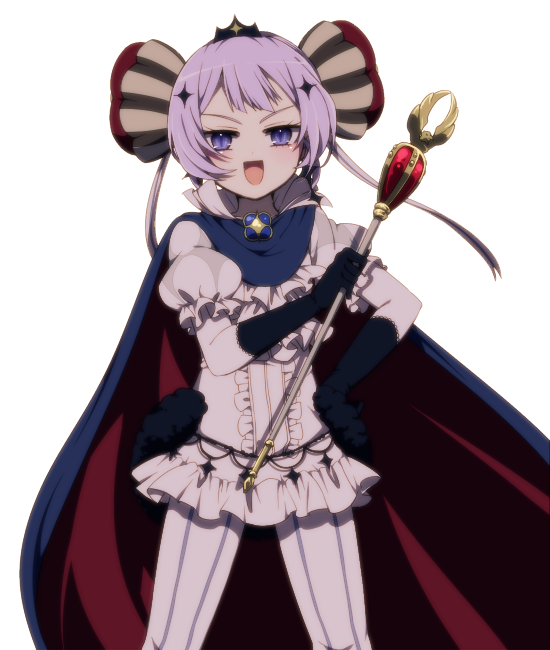 &gt;:d 1girl :d akasata black_gloves blush cape center_frills dress frilled_sleeves frills gloves head_tilt holding looking_at_viewer mahou_shoujo_ikusei_keikaku mahou_shoujo_ikusei_keikaku_unmarked open_mouth puffy_short_sleeves puffy_sleeves purple_hair ruler_(mahoiku) scepter short_hair short_sleeves smile solo standing striped striped_legwear vertical-striped_legwear vertical_stripes violet_eyes white_background white_dress