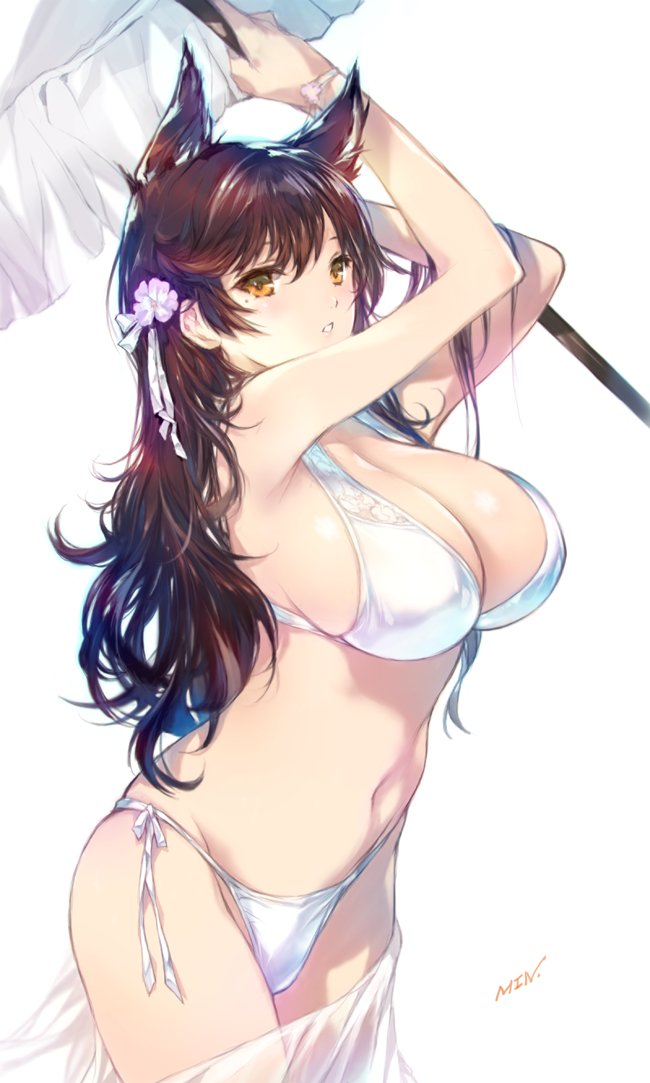 1girl animal_ears arms_up artist_name atago_(azur_lane) azur_lane bare_arms bare_shoulders bikini blush breasts brown_hair cleavage commentary_request cowboy_shot flower hair_flower hair_ornament holding holding_umbrella large_breasts long_hair looking_at_viewer min-naraken mole mole_under_eye navel orange_eyes ribbon sarong side-tie_bikini simple_background solo standing stomach swimsuit tareme umbrella white_background white_bikini white_ribbon