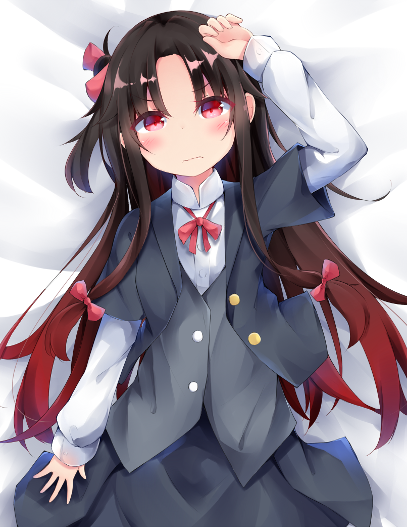 1girl arm_up bangs bed_sheet blush bow bowtie brown_hair closed_mouth collared_shirt commentary_request eyebrows_visible_through_hair gradient_hair grey_jacket grey_skirt grey_vest hair_bow jacket kyuukon_(qkonsan) long_hair long_sleeves looking_at_viewer low-tied_long_hair lying multicolored_hair on_back open_clothes open_jacket pink_bow pink_neckwear red_eyes redhead ryuuou_no_oshigoto! shirt short_over_long_sleeves skirt solo tsurime very_long_hair vest wavy_mouth white_shirt yashajin_ai