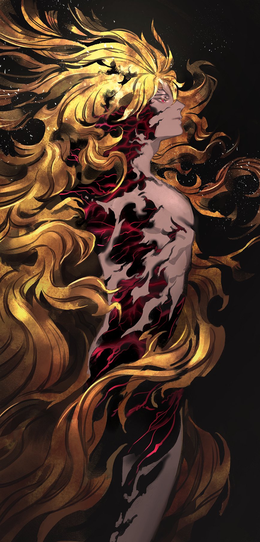 1boy bangs black_background blonde_hair closed_mouth commentary disintegration fate/grand_order fate_(series) from_side goetia_(fate/grand_order) hair_between_eyes half-closed_eyes highres light_particles long_hair male_focus nude profile red_eyes solo very_long_hair yosi135