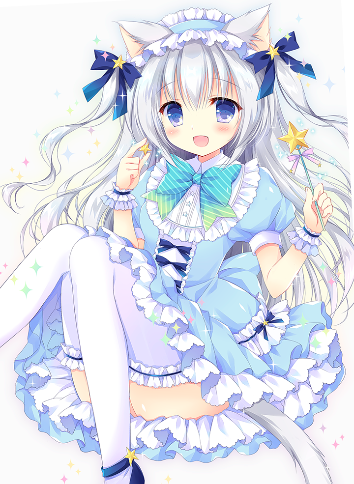1girl :d animal_ears ankle_lace-up bangs blue_bow blue_dress blue_footwear blush bow bowtie cat_ears cat_girl cat_tail collar commentary_request cross-laced_footwear diagonal_stripes dress eyebrows_visible_through_hair fingernails frilled_collar frilled_hairband frills green_neckwear grey_hair hair_between_eyes hair_bow hair_ornament hasekura_chiaki holding holding_wand leg_garter long_hair looking_at_viewer open_mouth original puffy_short_sleeves puffy_sleeves shoes short_sleeves smile solo sparkle star star_hair_ornament tail thigh-highs two_side_up very_long_hair violet_eyes wand white_collar white_legwear wrist_cuffs