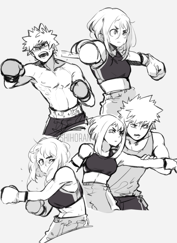 1boy 1girl artist_name bakugou_katsuki boku_no_hero_academia boxing boxing_gloves boxing_shorts greyscale ground_vehicle hand_on_another's_arm midriff monochrome navel open_mouth shihoran short_hair shorts spiky_hair sports_bra sweatdrop tank_top teeth topless train uraraka_ochako