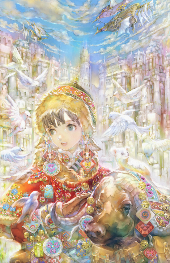 1girl :d airship animal bangs beads bell bird blue_eyes blue_sky brown_gloves brown_hair buckle buffalo building capelet clouds day dove embroidery ermine fantasy floral_print flying fur-trimmed_capelet fur-trimmed_hat fur-trimmed_sleeves fur_collar fur_trim gloves hat jewelry jingle_bell long_sleeves looking_away necklace omamori open_mouth original outdoors patchworks pouch sky smile solo standing upper_body yogisya