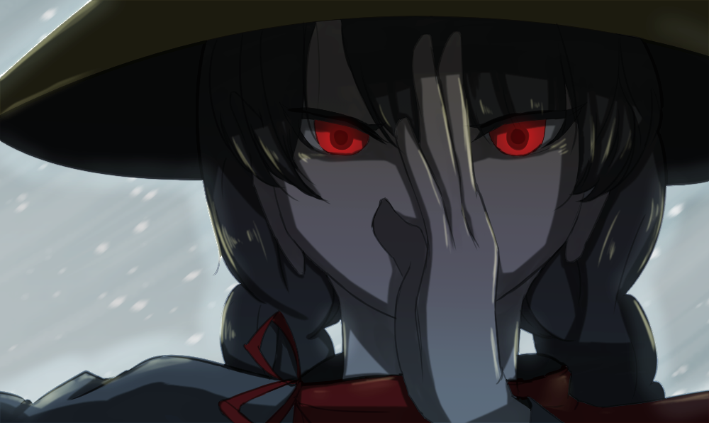 1girl ajirogasa bangs black_hair braid brown_hat capelet commentary_request covered_mouth earlobes face half-closed_eyes hand_up hat lian_gui long_hair looking_at_viewer outdoors red_eyes serious simple_background snowing solo touhou twin_braids upper_body yatadera_narumi