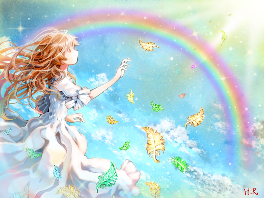 1girl autumn_leaves bangs blue_sky clouds commentary_request day dress from_side hand_up hoshizaki_reita leaf light_particles long_hair looking_up no_mouth original outdoors profile rainbow reaching red_eyes short_sleeves signature sky solo standing white_dress