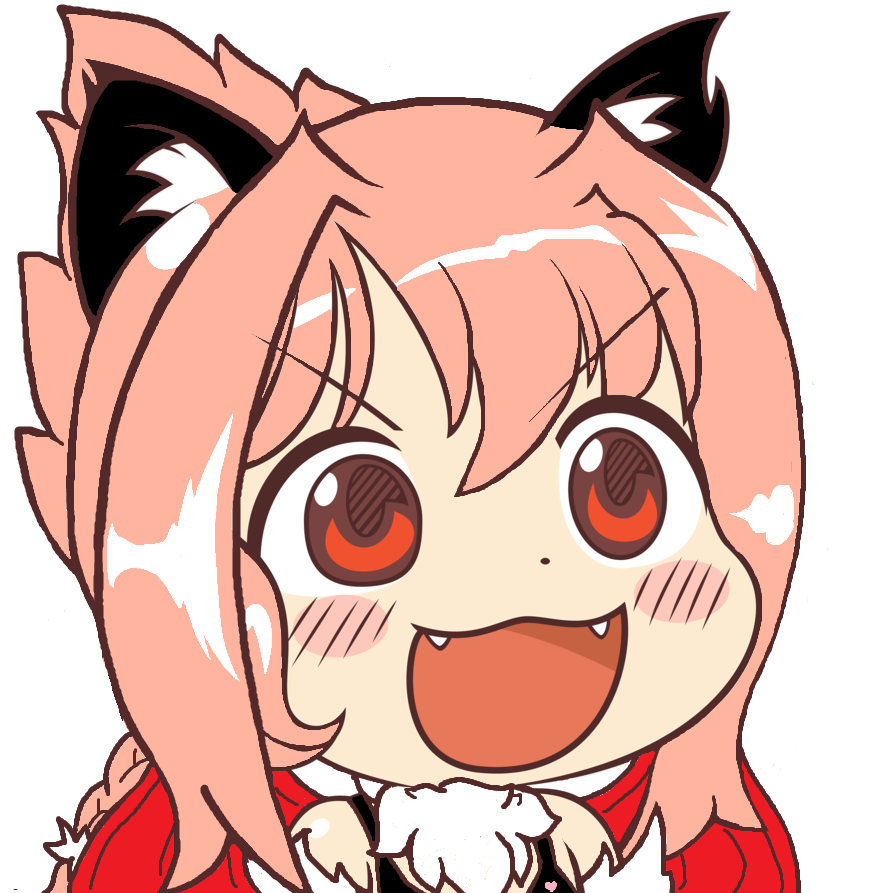 &gt;:3 &gt;:d 1girl :3 :d animal_ears bangs bare_shoulders blush_stickers chibi drawfag eyebrows_visible_through_hair face fangs fur_collar gyate_gyate looking_at_viewer manticore_(monster_girl_encyclopedia) monster_girl monster_girl_encyclopedia open_mouth pink_hair ponytail red_eyes simple_background smile solo white_background wings