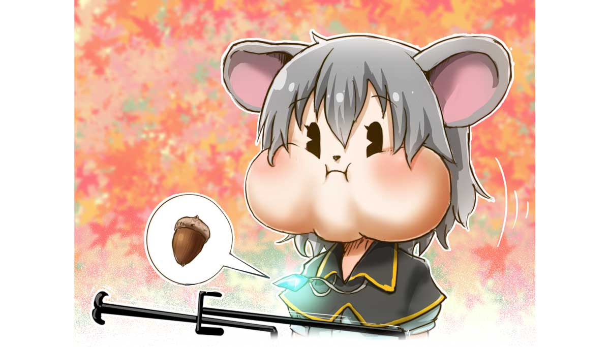 1girl acorn animal_ears chamaji commentary_request dowsing_rod eyebrows_visible_through_hair full_mouth grey_hair hair_between_eyes jewelry mouse_ears nazrin necklace puffed_cheeks puffy_short_sleeves puffy_sleeves short_hair short_sleeves solo speech_bubble touhou