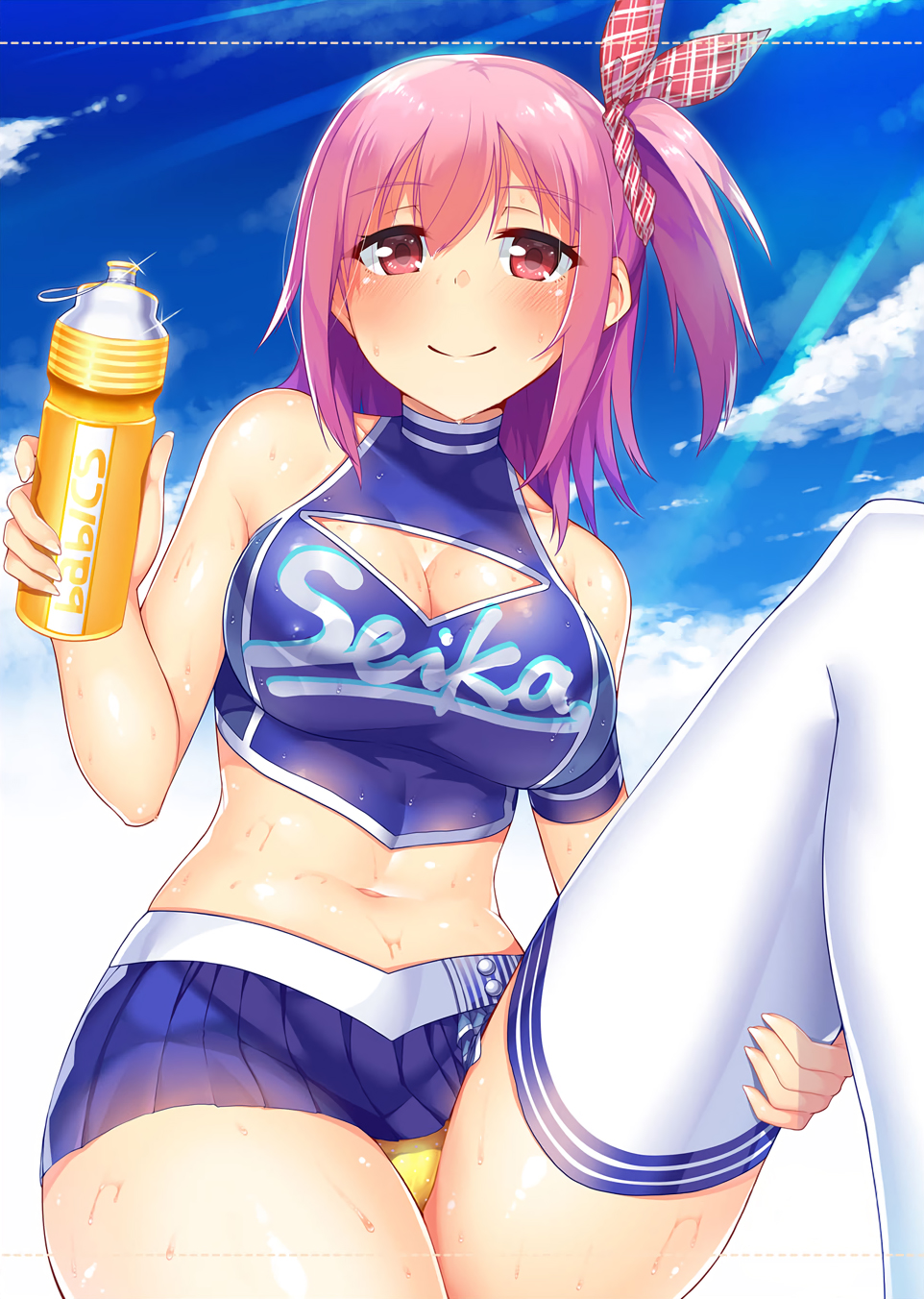 1girl bare_shoulders blue_sky blush bottle breasts cheerleader cleavage cleavage_cutout closed_mouth clouds cloudy_sky crop_top day eyebrows_visible_through_hair glint hair_ribbon highres horosuke_(toot08) large_breasts leg_up looking_at_viewer medium_hair microskirt midriff navel one_side_up original outdoors panties pink_hair plaid pleated_skirt red_eyes ribbon shiny shiny_skin side_ponytail sitting skirt sky smile solo sunlight sweat thigh-highs turtleneck underwear water_bottle white_legwear yellow_panties