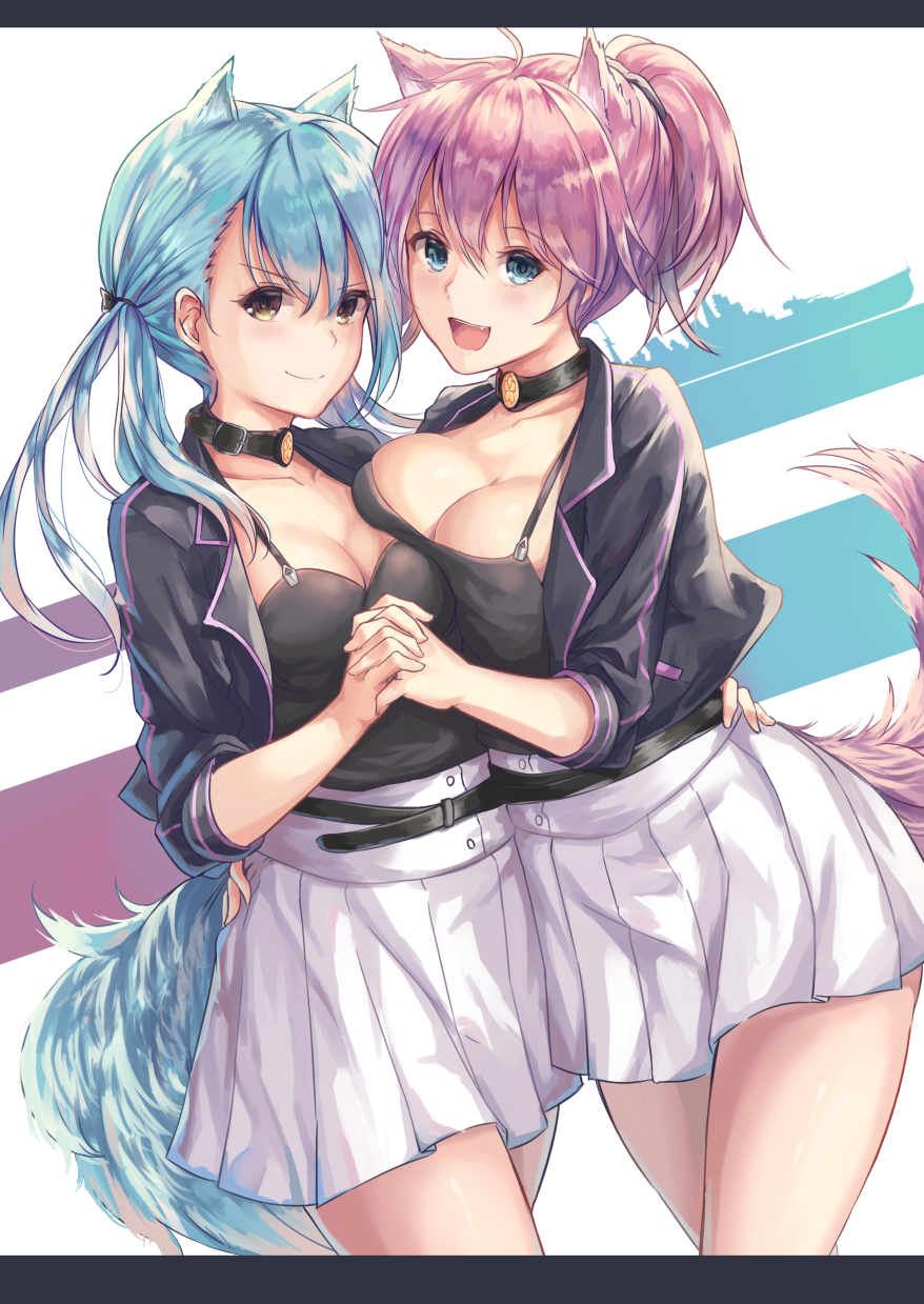&gt;:) 2girls :d animal_ears aoba_(azur_lane) aoba_(kantai_collection) arm_around_waist asymmetrical_docking azur_lane bangs black_jacket black_shirt blue_eyes blue_hair blush breast_press breasts brown_eyes buckle cleavage closed_mouth collar cowboy_shot eyebrows_visible_through_hair fox_ears fox_tail hand_on_another's_hip highres interlocked_fingers jacket kantai_collection kemonomimi_mode large_breasts letterboxed long_hair looking_at_viewer low_twintails medium_breasts multiple_girls namesake open_clothes open_jacket open_mouth pink_hair pleated_skirt shirt short_hair skirt smile standing tail tama_satou tareme twintails white_skirt