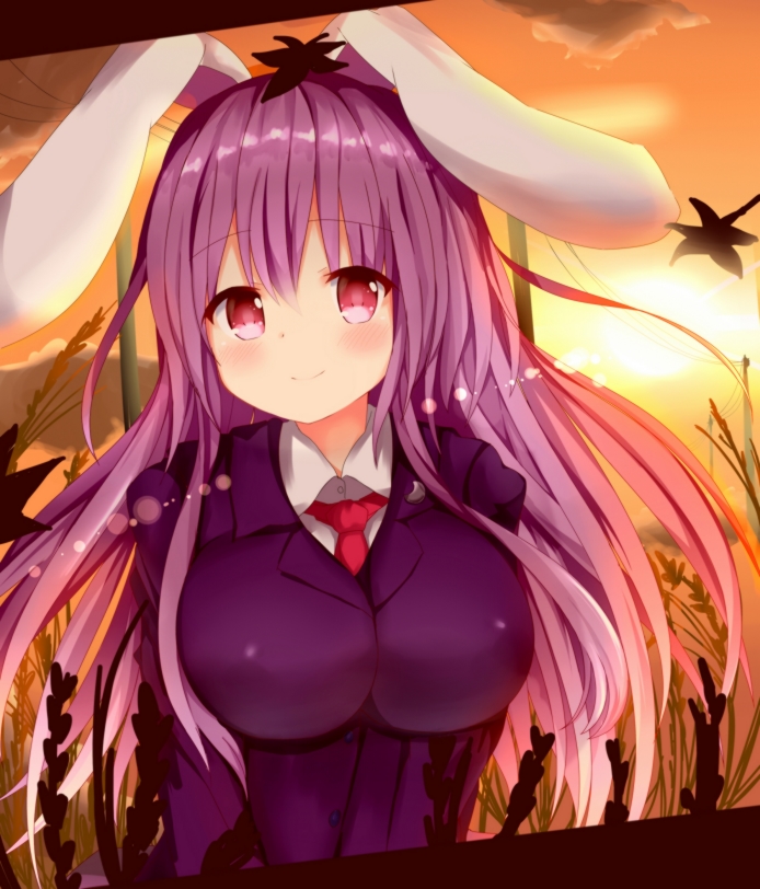 1girl akiori_koromo animal_ears autumn autumn_leaves blazer blush breasts buttons clouds cloudy_sky collared_blouse jacket large_breasts long_hair long_sleeves necktie pink_skirt pleated_skirt power_lines purple_hair rabbit_ears red_eyes red_neckwear reisen_udongein_inaba shirt skirt sky solo sun sunset touhou very_long_hair wheat_field