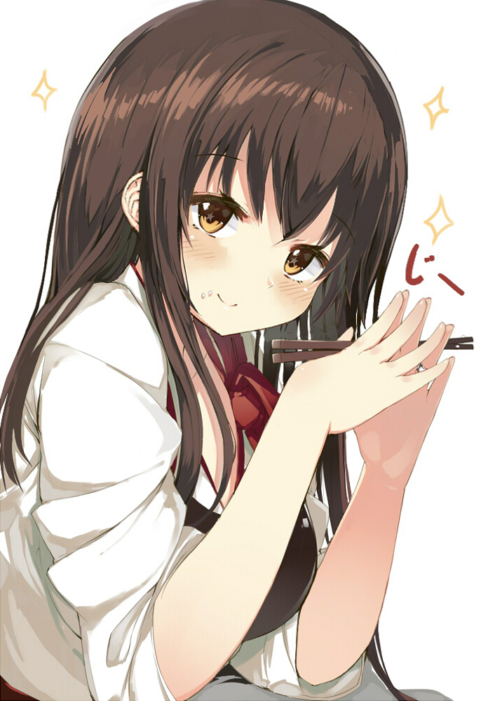 1girl akagi_(kantai_collection) armor brown_eyes brown_hair chopsticks commentary food food_on_face japanese_clothes jewelry kantai_collection long_hair looking_at_viewer muneate revision rice rice_on_face ring simple_background solo sparkle star star-shaped_pupils symbol-shaped_pupils translated upper_body wedding_band white_background wide_sleeves yuui_hutabakirage