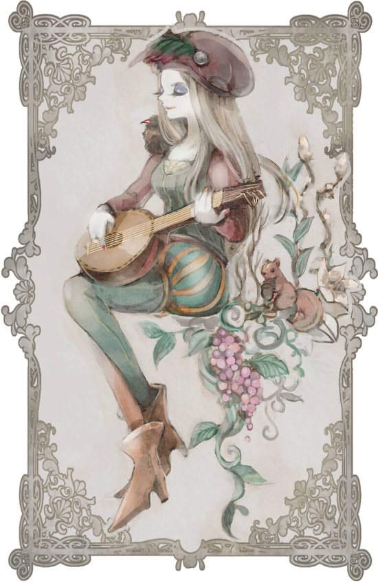 1girl bird blonde_hair boots closed_eyes feathers flower food fruit grapes hat high_heel_boots high_heels instrument kmitty leaf long_hair makeup nail_polish priscilla_(the_witcher) solo squirrel the_witcher the_witcher_3 white_background