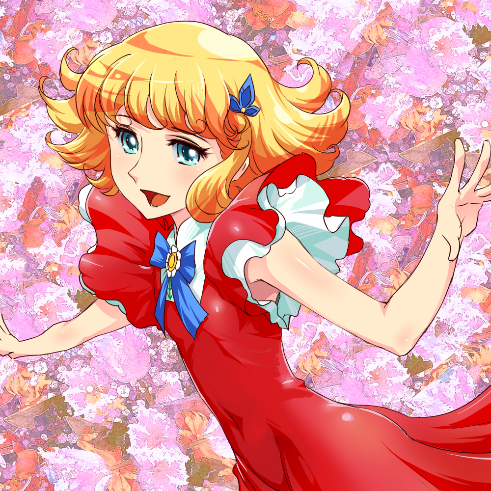 1girl bangs blonde_hair blue_eyes bow covered_navel curly_hair dress hair_ornament hairclip hana_no_ko_lunlun kemi_(kemi433) looking_at_viewer lunlun magical_girl open_mouth outstretched_arms red_dress short_hair smile