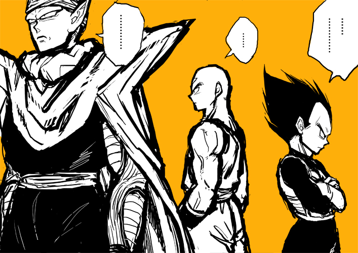 ... 3boys armor back_turned bald black_eyes black_hair cape crossed_arms dragon_ball dragonball_z expressionless frown looking_away male_focus monochrome multiple_boys orange_background piccolo pointy_ears serious simple_background speech_bubble spiky_hair tenshinhan turban vegeta wristband