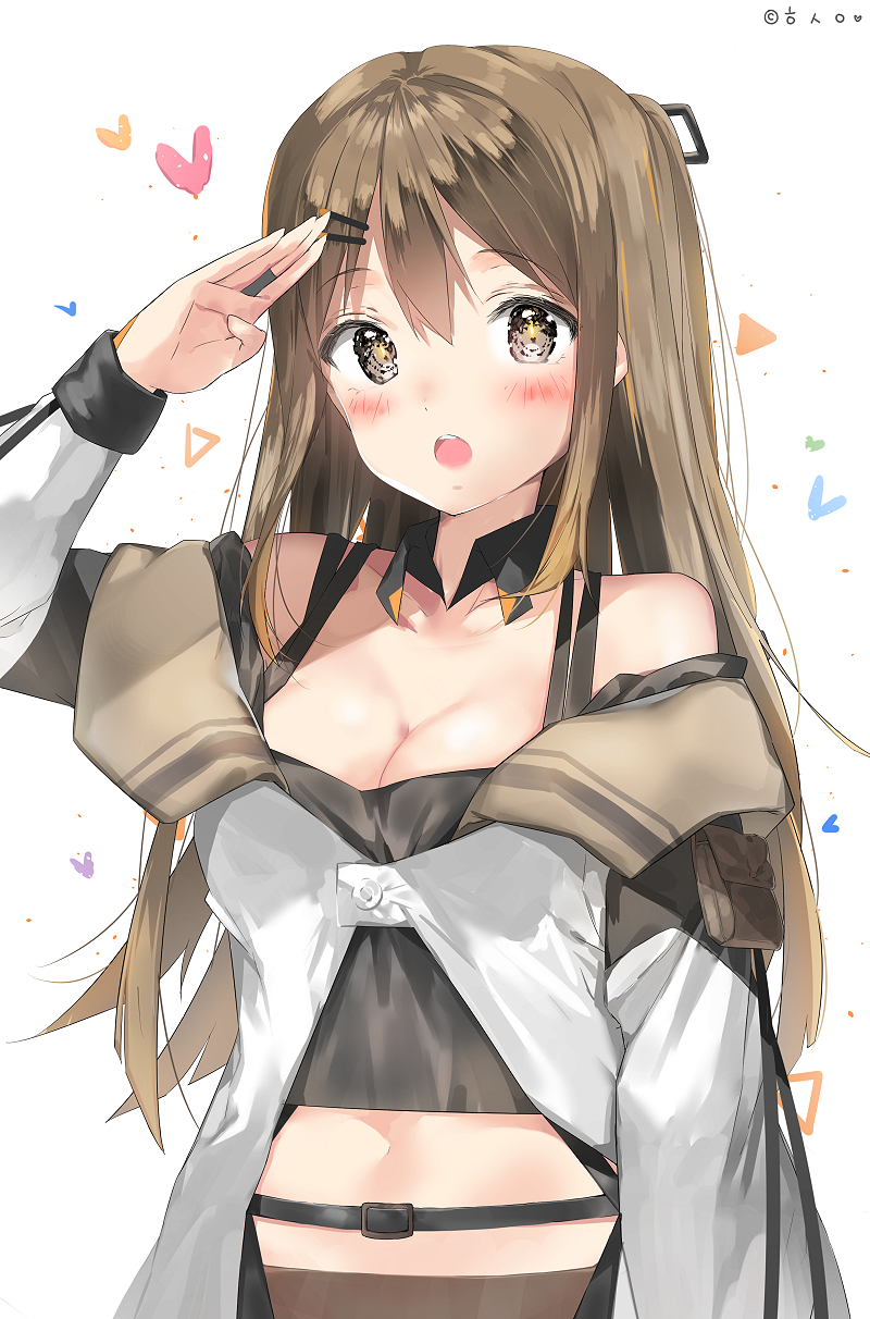 1girl :o arm_up bare_shoulders breasts brown_eyes brown_hair cleavage coat collarbone detached_collar eyebrows_visible_through_hair girls_frontline h_shai hair_ornament hairclip heart highres k-2_(girls_frontline) long_hair long_sleeves looking_at_viewer medium_breasts navel open_clothes open_coat open_mouth salute sidelocks simple_background solo tank_top tareme upper_body white_background white_coat