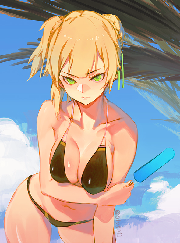 1girl 3: bent_over bikini black_bikini blonde_hair breast_hold breasts cleavage closed_mouth clouds contrapposto cowboy_shot day food girls_frontline glaring green_eyes hair_ribbon leaning_forward lips looking_at_viewer medium_breasts navel olys outdoors palm_leaf popsicle ribbon short_hair solo string_bikini swimsuit tsurime twitter_username two_side_up welrod_mk2_(girls_frontline)