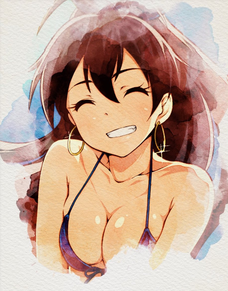 1girl :d bare_shoulders bikini_top blue_bikini_top blush breasts brown_hair cleavage commentary_request earrings facing_viewer front-tie_bikini front-tie_top ganaha_hibiki glint grin hair_between_eyes hoop_earrings idolmaster idolmaster_(classic) jabara_tornado jewelry long_hair medium_breasts open_mouth smile solo teeth upper_body