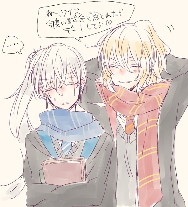 2girls blonde_hair closed_eyes commentary_request earrings jewelry multiple_girls rwby scar scar_across_eye scarf school_uniform sigh translation_request weiss_schnee white_hair yang_xiao_long