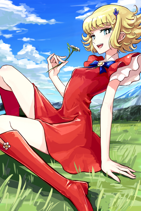 1girl 70s arm_support bangs blonde_hair blue_eyes boots bow clouds curly_hair day dress flower fushoku grass hair_ornament hairpin hana_no_ko_lunlun knee_boots looking_at_viewer lunlun magical_girl mountain open_mouth outdoors red_dress red_footwear short_dress short_hair sitting sky smile solo