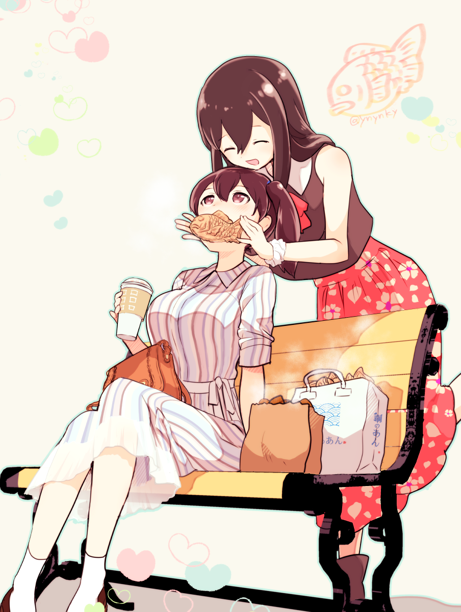 2girls :d ^_^ ^o^ akagi_(kantai_collection) alternate_costume arm_at_side bag bare_arms bare_shoulders bench blush breasts brown_hair brown_shirt casual closed_eyes cup dress floral_print full_body handbag heart highres holding holding_cup kaga_(kantai_collection) kantai_collection leaning_forward long_hair long_skirt looking_up medium_breasts multiple_girls open_mouth paper_cup park_bench pink_eyes red_skirt shirt shopping_bag short_hair short_sleeves simple_background sitting skirt sleeveless sleeveless_shirt smile socks standing steam striped tareme twitter_username vertical-striped_dress vertical_stripes white_legwear yellow_background yuri yuzuki_yuno